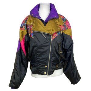 NEVICA VIRAGE SPORT VINTAGE 80S BLACK COLORFUL COMBO ZIP UP WAXED APRES SKI COAT